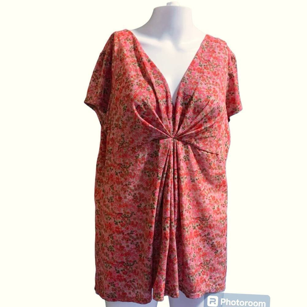 New York & Company Women's Size XL Blouse Pink Floral V Neck Front Twist Top